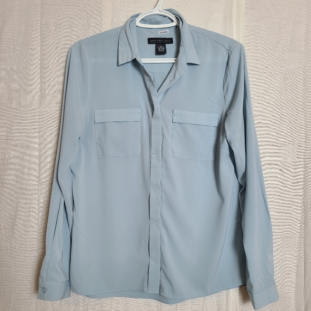 Joan Vass Women's XS Button-Down Blouse Light Blue Polyester Casual Lightweight